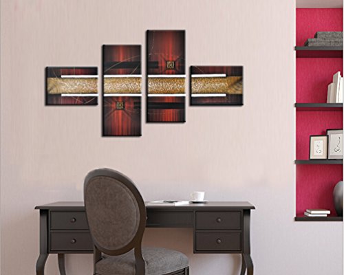 Noah Art-Modern Abstract Artwork, 100% Hand Painted With Acrylic Burgundy Red Abstract Oil Paintings On Canvas, 4 Panel Gallery Wrapped Framed Gold Abstract Wall Art For Living Room Home Decor #TOP3