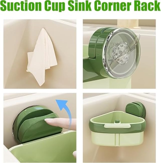 Corner Sink Strainer, Suction Cup Sink Corner Rack, Sink Strainer Basket, Suction Cup Press Sink Drainer Basket, Automatic Dumping, Faucet Sponge Storage Rack, Trash Catcher for Food Waste (Green)