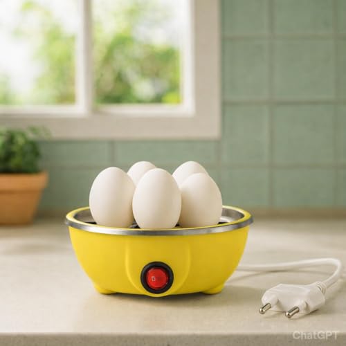 Image of Electric Egg Boiler | 350 Watt | Boils Upto 7 Eggs | Automatic | 3 Boiling Modes | Overheat Protection | Egg Poacher| Stainless Steel Heating Plate, Measuring Cup | 75ml | Plastic | YELLOW