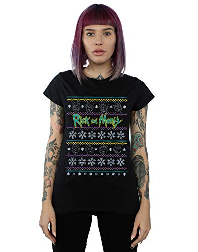Absolute Cult Rick and Morty Women's Christmas Faces T-Shirt Black Medium