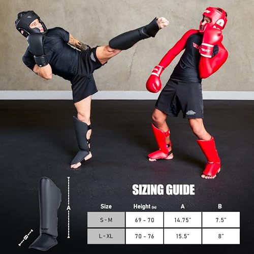 Image of Elite Sports Muay Thai Shin Guards Kickboxing MMA Muay Thai Leg Instep Protective Pads, Martial Art Kicking Sparring Training Gear for BJJ Karate Boxing Taekwondo (Solid Black, S-M)