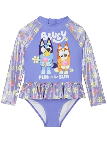 Bluey Bañador Niña, Manga Larga con Cremallera Trasera Traje De Baño Infantil Playa Piscina Bañador Natacion Niña, Morado 6-7 Años