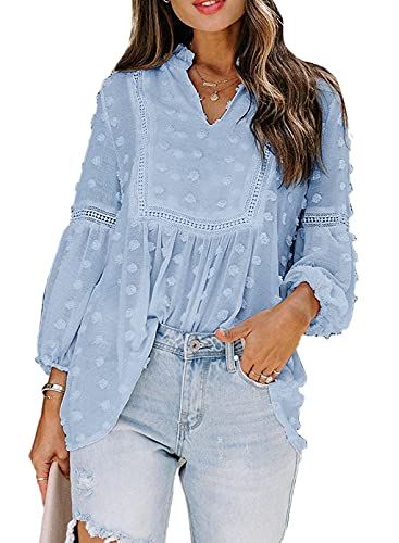 Sidefeel Womens Casual Lantern Sleeve V Neck Pom Pom Lace Crochet Boho Shirt Solid Color Lace Hem Flowy Chiffon Blouse Tunic Tops Sky Blue XX-Large