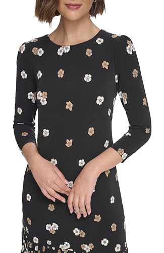 Image of Tommy Hilfiger Women's 3 /4 Sleeve Crew Neck Double Ruffle Hem Jersey Shift Mini Dress