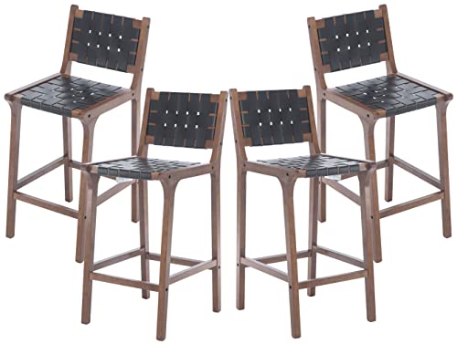 DM Furniture 28.5" Bar Height Barstools Set of 4, Faux Leather Woven Strips Counter Bar Stools Wood Straps Bar Chair with Back for Home Bar/Kitchen Island/Cafe, Black