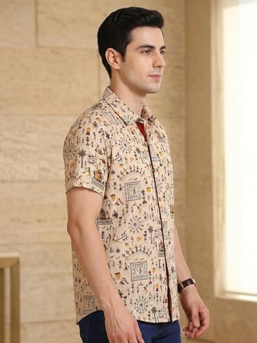 Image of Yash Gallery Men's Cotton Warli Print Shirt Collar Regular Shirt