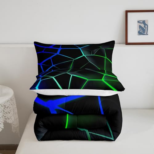 Image of Feelyou Geometric Honeycomb Comforter Set Green Blue Stereoscopic Hexagon Comforter for Kids Boys Girls Beehive Hexagon Bedding Set Geometric Duvet Set Room Decor Quilt King Size Boys