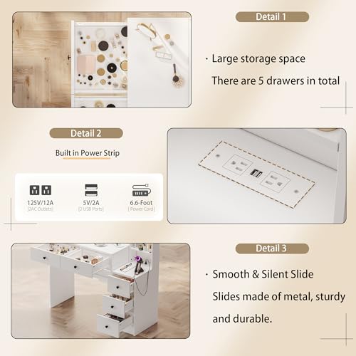 Image of 35.4 inch Makeup Vanity Desk with Charging Station, White Makeup Dressing Table with Mirror & Lights, 3 Lighting Modes Adjustable Brightness, Vanity Table with Power Outlet & 5 Drawers Round Handle