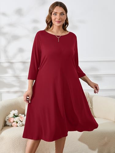 Image of AusLook Women's Plus Midi Dresses Crew Neck A Line 3 /4 Sleeves Casual Elegant Loose Wedding Vacation Dress with Pockets
