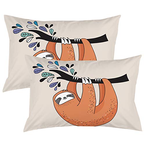 ARIGHTEX Sloth Pillowcase Baby Sloths on Tree Pillow Cover Funny Animal Pillow Covers Kid Orange Pillow Case Set of 2 (Lazy, King 20