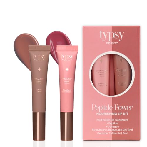 Image of Typsy Beauty Pout & Polish Lip Balm Kit | Hydrating with Peptides & Collagen | Deep Moisture with Cooling Metal Applicator | Strawberry Cheesecake & Caramel Toffee Lip balm | 8ml