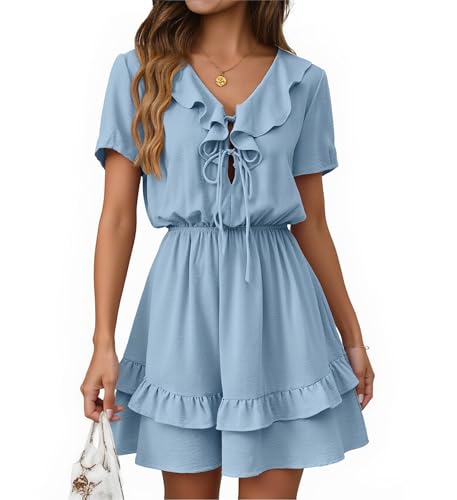 Image of Angashion Womens Tie Front Mini Dress V-Neck Ruffle Hem Summer Pockets