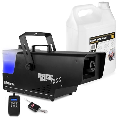 BeamZ RAGE1800SNOW Máquina de Nieve 1800W - Incluye 5L de Líquido, Mando Inalámbrico y con Cable, Tanque Grande, Efecto Invernal Profesional para Eventos, Escenarios y Decoración Navideña