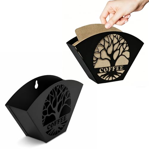 Novocloud Kaffeefilterhalter Schwarz aus Metall, Stilvoller Filtertütenhalter mit Baum des Lebens Design Rostfreie Kaffeefilter Aufbewahrung für Küche & Kaffeebar Stehend