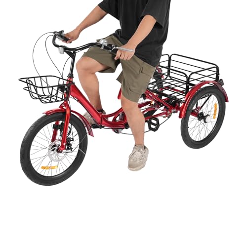 WindWilder 20 Zoll Dreirad für Erwachsene mit 7-Gang Schaltung, Klappdreirad höhenverstellbar Tricycle, 3 Rad Fahrrad mit Shopping Korb vorne und Korb hinten bis 130kg/286 lbs Tragfähigkeit (Rot)