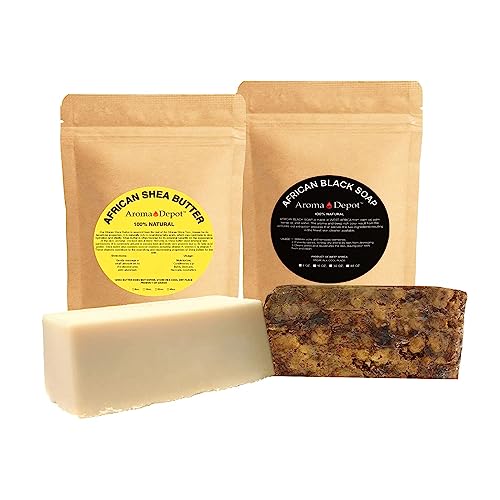 Raw African Black Soap & Shea butter 1 lb Combo Pack Cleanser and Moisturizer Set 100% Raw-Pure Unrefined I For all skin types I Can be used for Hair, Body and Face I Imported from Ghana I -  Aroma Depot