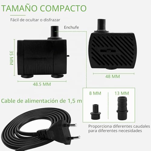 Miniatura 2 de Mini Bombas De Agua Ultra Silenciosa Con Alta Carrera 350 L H, 5 W , Con Cable De Alimentación De 1,5 M, 2 Boquillas Para Acuarios, Estanques, Fuentes, Estatuas.