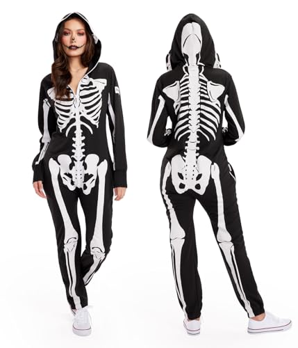 Tipsy Elves Halloween Skeleton Costume for Women - Comfy Easy Adult Onesie Jumpsuit - Front and Back Print with Zip Up Mask - Women's White Skeleton Jumpsuit Halloween Costume Size Medium
