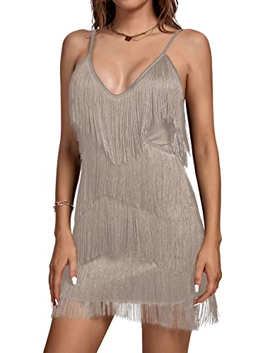 Image of Umenlele Women's Layered Fringe Deep V Neck Cami Mini Dress Sleeveless Tassels Flapper Dresses