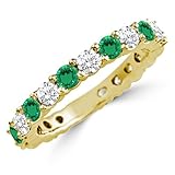 Round Cut Green Emerald & White Diamond Full Eternity Ring For Women, 14K Yellow Gold Plated Silver May Birthstone Emerald Full Eternity Wedding Anniversary Matching Band