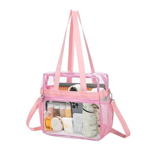 LERASO Clear PVC Transparent Tote Bag Heavy Duty Waterproof Clear Crossbody Bag Stadium Approved with Adjustable Removable Strap for Concerts Sports Work Beach & Daily Use Pink