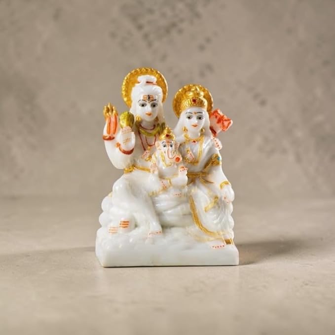 Image of KRISHNAGALLERY1 Shiv Parivar Murti for Home Temple Lord Shiva Family Idol with Parvati Ganesha, Kartikeya Nandi Religious Pooja Statue for Mandir Home Decor 5 Inch (White Gold)