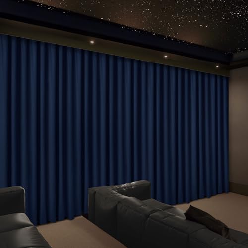 Macochico Home Movie Theater Curtains 100% Blackout, Sound Dampening Velvet Curtain for Cinema Stage Sliding Door Living Room Ceiling Drapes Flat Hook 100”Wx96”L 1 Panel Navy Blue