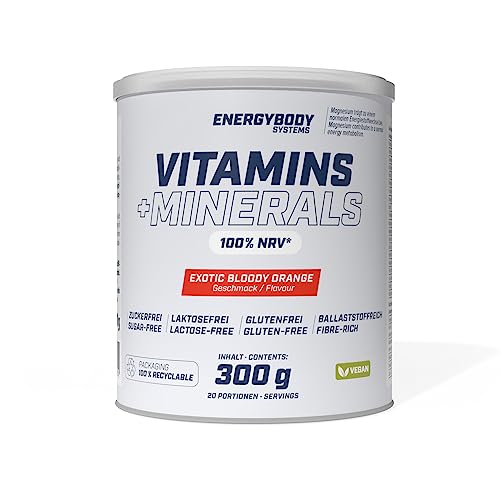 Energybody Vitamins + Minerals Pulver - 300g - mit 10 Vitaminen & 8 Mineralstoffen/Multivitamin Mineralstoff Drink/Exotic Bloody Orange Geschmack, vegan Energybody Vitamins + Minerals Pulver - 300g - mit 10 Vitaminen & 8 Mineralstoffen/Multivitamin Mineralstoff Drink/Exotic Bloody Orange Geschmack, vegan