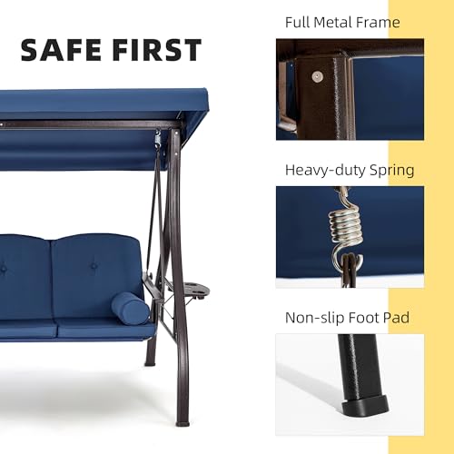 Image of HOMREST 3 Seat Outdoor Porch Swing with 1.5 inch Deepened Cup Holder, Adjustable Canopy, Patio Swing Bed with Stand, Patio Glider Swing with Thicken Cushions, Pillow for Yard, Garden(Blue)