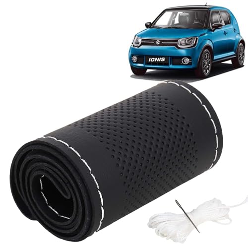 Image of KINGSWAY PU Leatherite Car Steering Cover Sewable Compatible with Maruti Suzuki Ignis (Year 2016 Onwards), Black Color with Silver Thread, Pack of 1 with Sewing Needle and Thread