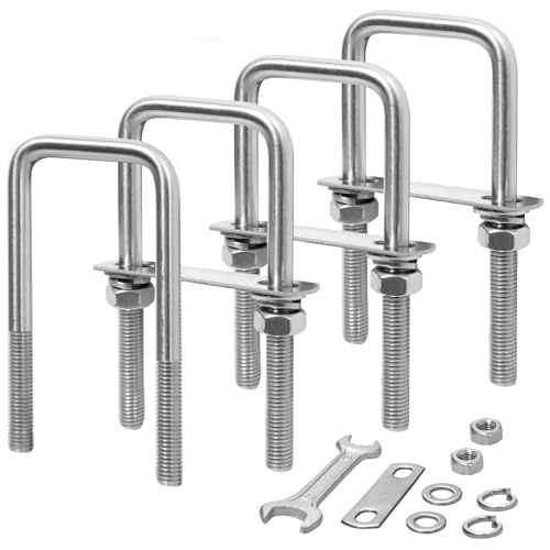 XIANGZI M10 Square U-Bolts 2 inch Wide 4 Sets 304 Stainless Steel Trailer U Bolts Clamp Include Wrench (M10x2-1/16 Wx 4-1/2