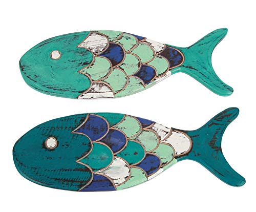 Wooden Fish Wall Decor 2 Pcs, Nautical Wall Decor, Teal and Blue Wood Fish Decor Vintage Style