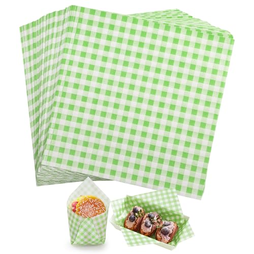 KIKISML 100 PCS Checkered Waxed Deli Paper Sheets 7 * 7 Inch, Food-grade Greaseproof Paper Food Basket Liners for Sandwiches, Burgers, Fries Wrapping for Party, Festival and Outdoors - Green