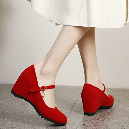 Parisuit Womens Round Toe Mary Jane Wedge Shoes Ankle Strap Heeled Pumps4