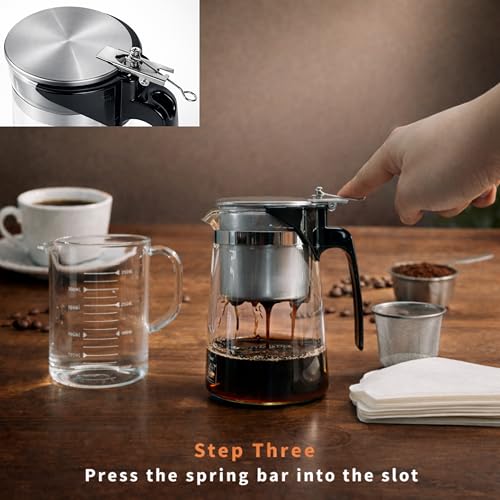 Image of Pour Over Coffee Maker Set, 304 Stainless Steel Coffee Dripper with On /Off Switch, Borosilicate Glass Small Coffee Pot, 50 Filter Papers, Multi-Functional Immersion Drip Cafe Brewer Machine (1, 250ml)