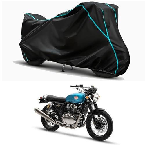 Image of Waterproof Bike Body Cover Compatible for | Royal Enfie Interceptor 650 Drag | Taffeta Fabric, Sky Piping Design, Bottom Elastic Fit | Dustproof, Sun UV & Rain Protection for All Weather.