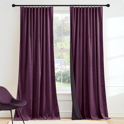 Image of RYB HOME Purple Velvet Curtains 72 inches with Hook Belt, Back Tab | Thermal Insulated, Privacy UV Heat Blocking, Luxurious Drapes, Nursery Dormitory Bathroom, W52 x L72, 2 Panels Set