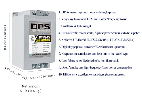 DPS Used for 20HP(15kW) 60A Motor, Single to 3 Phase Converter, MY-PS-25, One DPS Must Be Used for One Motor Only, Input/Output 200-240V, UL Listed