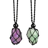 Anjiucc Natural Raw Gemstone Crystal Pendant Necklace Stone Holder Necklace Cord Hand-Woven Necklace with Adjustable Length for Women Men（2 PCS Amethyst+Green Fluorite）