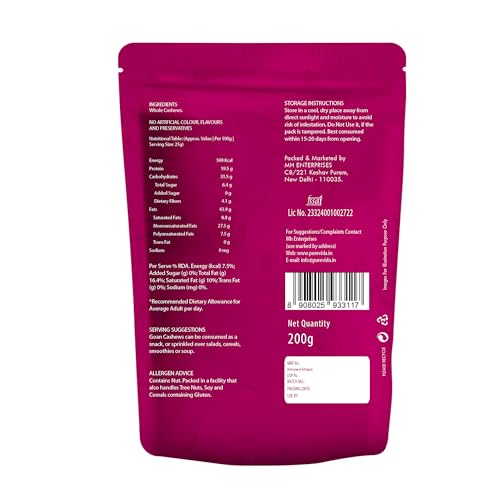 Image of Purevida Cashews 200gm | Rich in Protein, Healthy Fats & Antioxidants | Supports Heart Health & Energy Boost | Crunchy & Delicious | Gluten-Free | Ideal for Snacking, Cooking & Baking (Pack of 2)