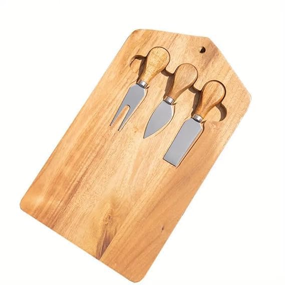 VGMAX Wood Cheese Board Set of 4,a Cheese Plate & 2 Cheese Knife & A Cheese Fork, Cheese Platter Slate Board Cheese Serving Board (Chees Board Tringal)