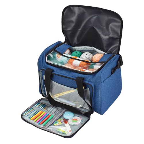 Image of Crochet Storage Bag Yarn Bag Large Knitting Bag for Crochet Hooks, Needles, Yarn Skeins and Accessories with Removable Inner Dividers Totes Organizer Yarn Storage Organizer (Blue)