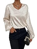 SheIn Women's Casual Elegant V-Neck Satin Bishop Sleeve Blouse Shirt Tops Beige S