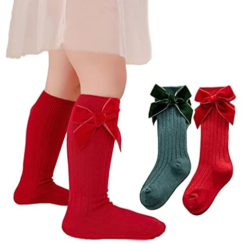 CheeseandU 2 Pairs Christmas Baby Girls Knee High Socks Winter Warm Knit Cotton Stockings with Bow Toddlers Long Tube Stockings Princess Uniform Dress Socks Gifts (Red,Green), Red&green, 24 Months Cover