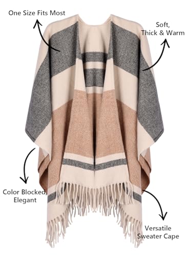 Image of Bestshe Women's Boho Open Front Poncho Plaid Shawl Wrap Cape | Tassel Cardigan Sweater, Cozy Layering, Fall Winter Clothes for Women