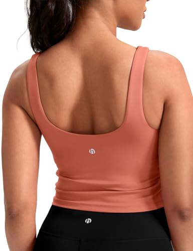 HeyNuts Zeal Bra Womens Scoop Neck Longline Sports Bras U Back Medium Impact Wirefree Workout Athletic Running Basic Gym Yoga Crop Tank Tops Padded Camisole with Built in Bras Paprika S