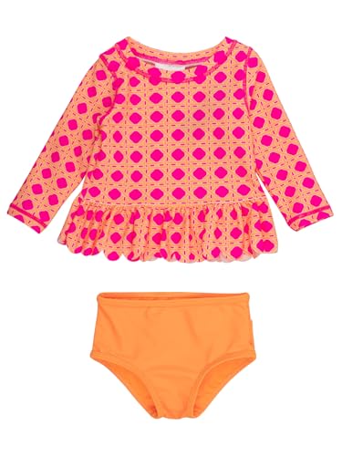 Image of RuffleButts Baby /Toddler Girls Scalloped Long Sleeve Rash Guard 2-Piece UPF50+ Sun Protected Swimsuit