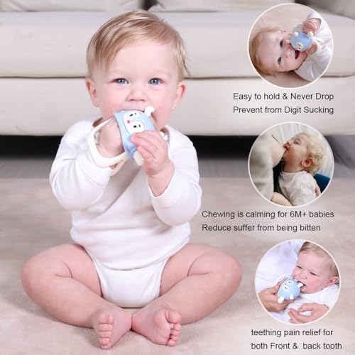 Image of Reindeer Organic Baby Toys 0-6Months, Mitten for 3-6Months, Easy to Hold Stem with Chewing Nubs for Teething Pain Relief for 6-12Months Babies,(Light Blue)