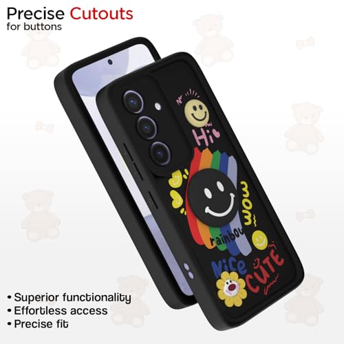 Image of Pikkme Back Cover for Samsung Galaxy S24 5G | Soft Silicone| Cute Rainbow Smile & 3D Cartoon Flower Design | Shockproof Raised Camera Protection Bumper Case (Black)