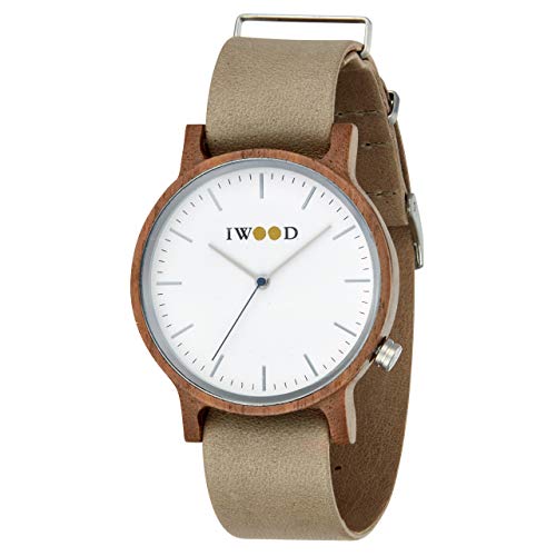 IWOOD Holzuhr - Armbanduhr aus Edelholz mit Lederarmband - Uhr - Holz - analoge Herren Unisex Quarzuhr - Ø 40mm - Miyota Caliber (Walnuss/Beige) Cover